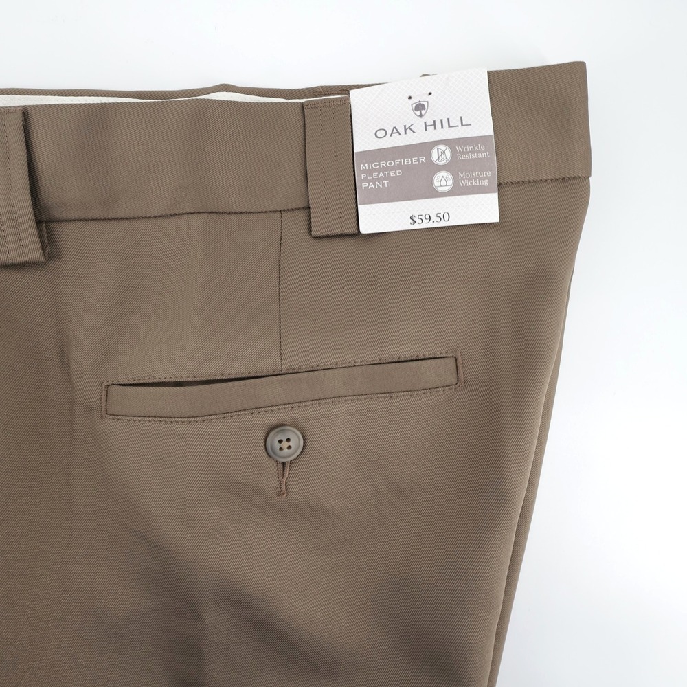 NEW Oak Hill Mens Microfiber Pleated Dress Pants Dark Taupe‎ 54x32 Wicking